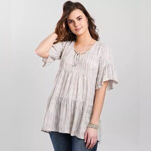Gray White Tiered Ribbed Knit Babydoll Tunic Top with flutter sleeves #1509